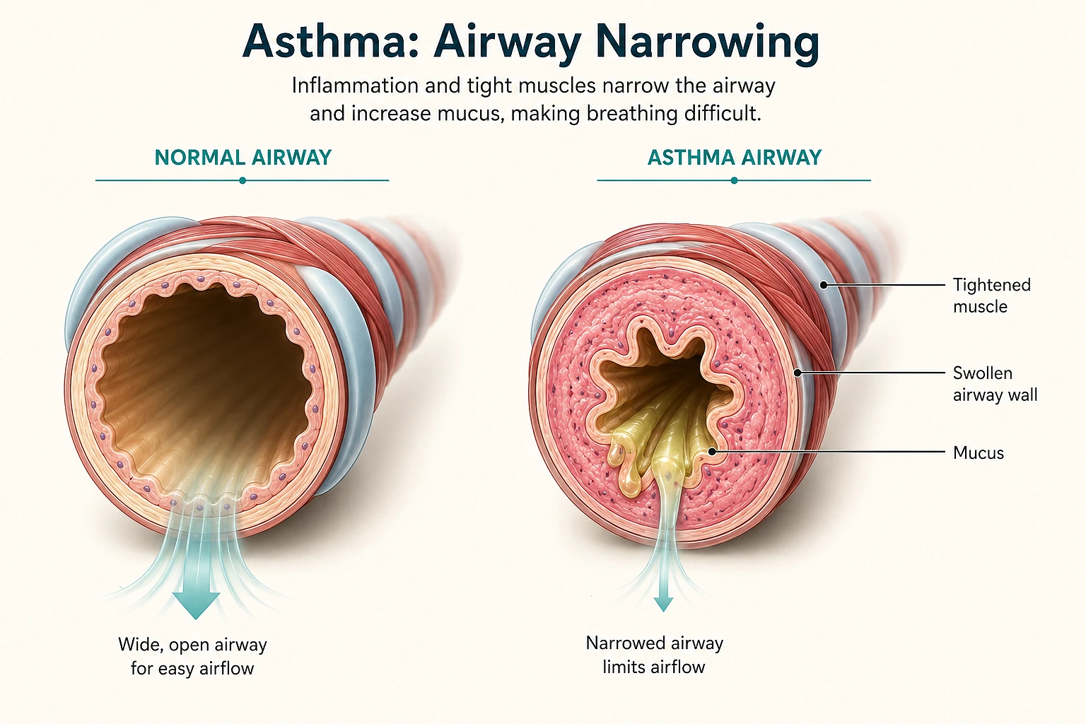 Medical illustration comparing a normal open bronchial airway with an asthma airway narrowed by airway-wall swelling, tightened smooth muscle, and mucus.