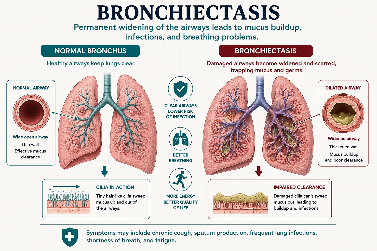 Medical illustration comparing a normal bronchus with bronchiectasis, showing permanently dilated and thickened airways, mucus buildup, and impaired mucus clearance.