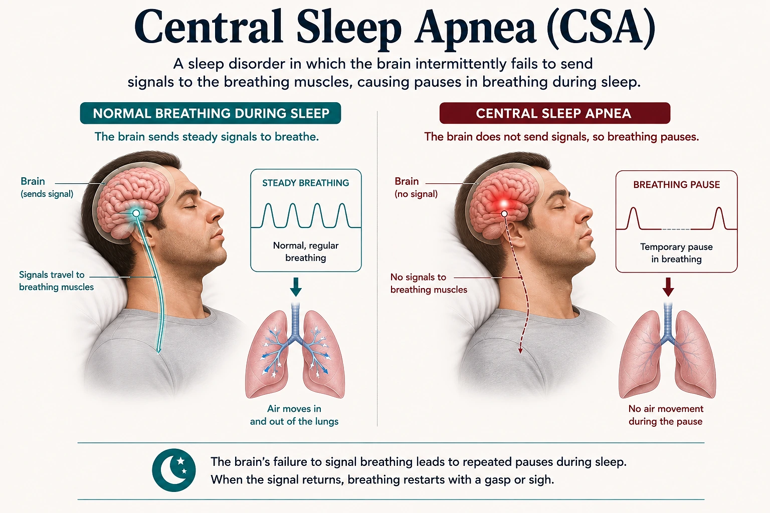 Medical illustration comparing normal breathing during sleep with central sleep apnea, showing normal respiratory signals from the brain versus a temporary loss of respiratory drive and breathing pause.
