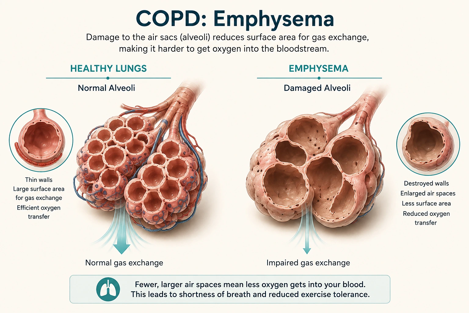 Medical illustration comparing healthy alveoli with emphysema, showing destroyed alveolar walls, enlarged air spaces, reduced surface area, and impaired gas exchange.