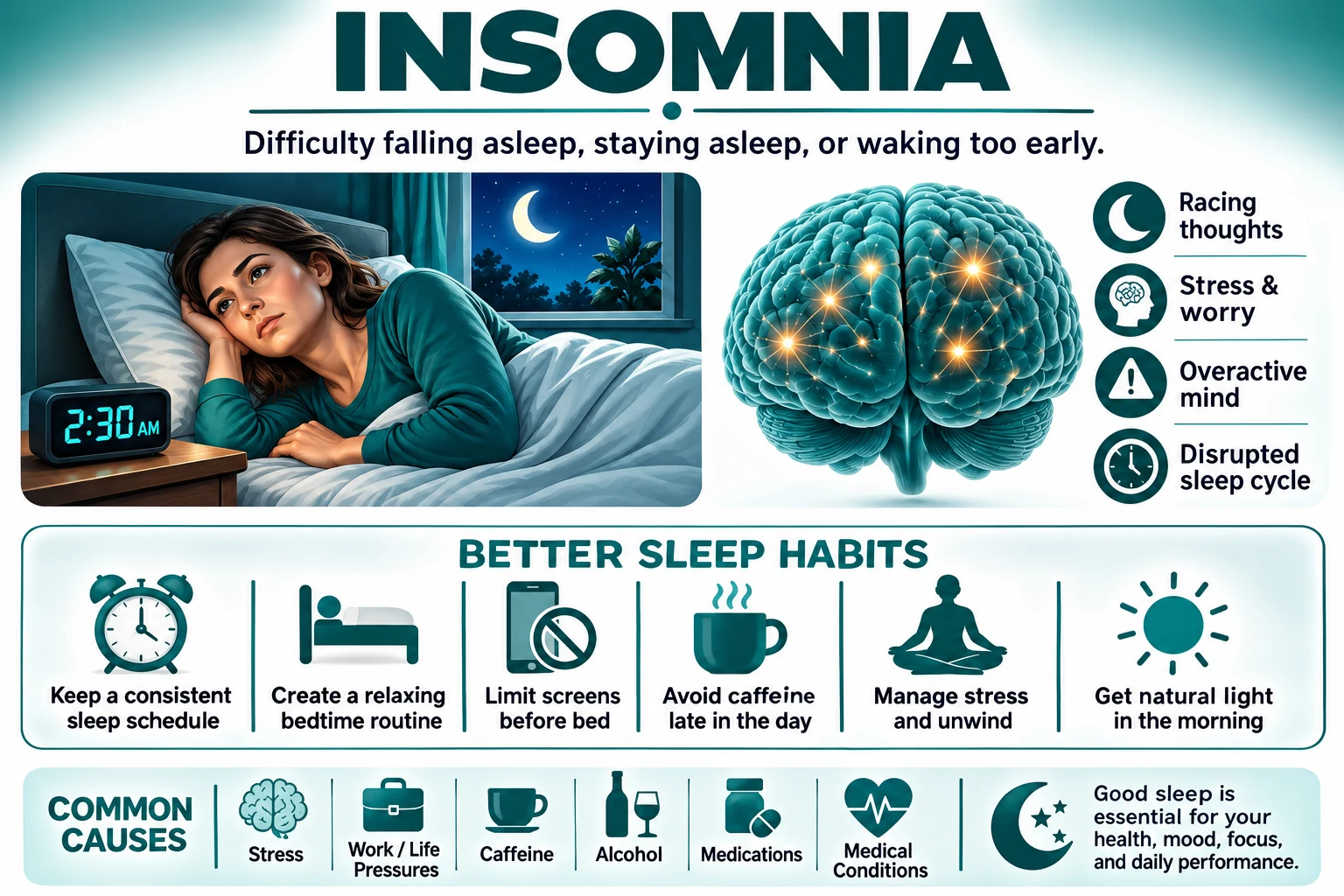 Insomnia illustration showing difficulty sleeping, racing thoughts, common contributing factors, and healthy sleep habits.