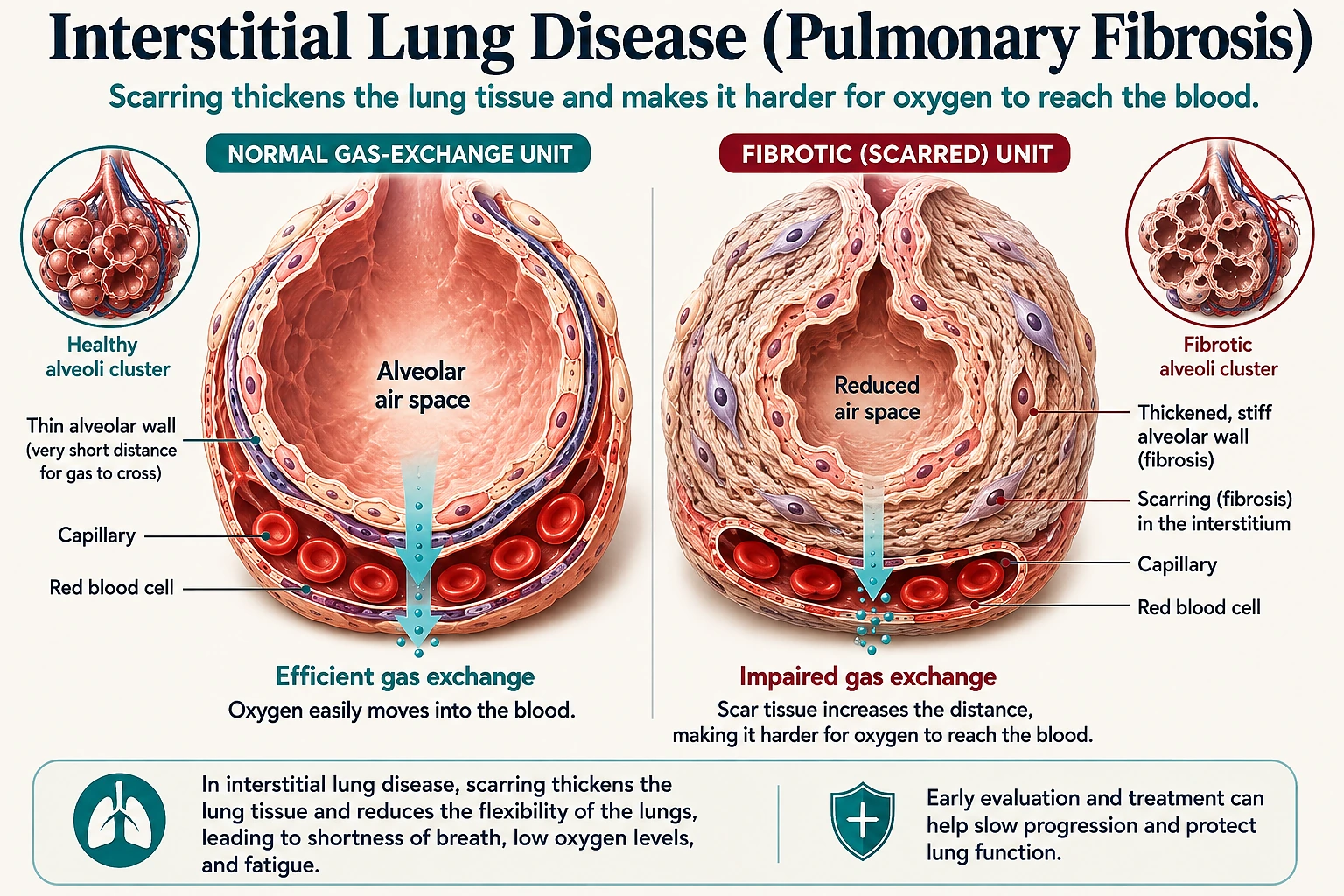 Medical illustration comparing a normal alveolar gas-exchange unit with pulmonary fibrosis, showing thickened scarred interstitial tissue, reduced air space, and impaired oxygen transfer.