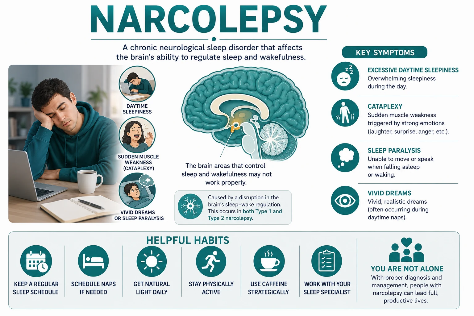 Narcolepsy illustration showing excessive daytime sleepiness, cataplexy, sleep paralysis, vivid dreams, and disrupted sleep-wake regulation.