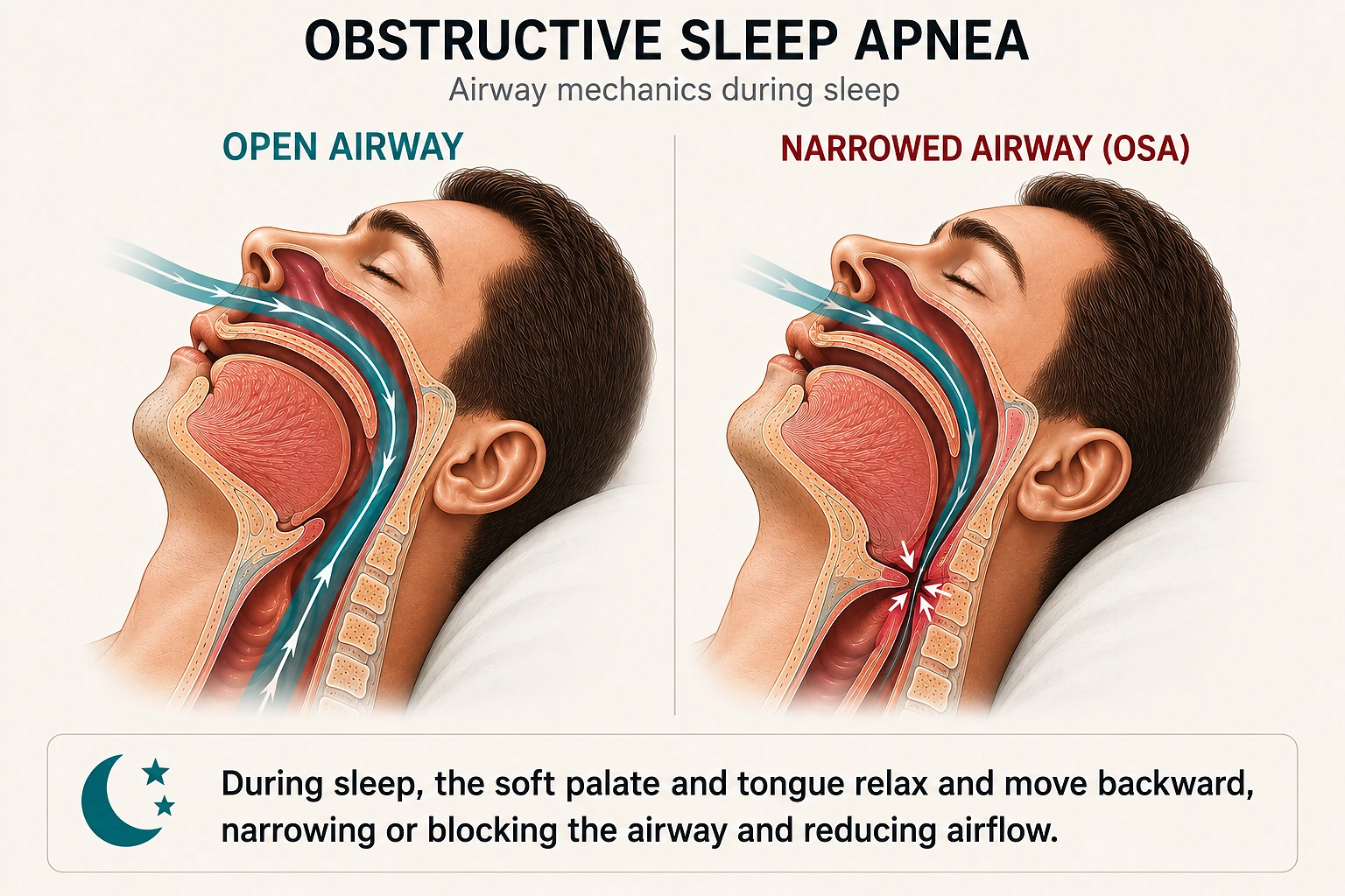 Side-by-side medical illustration comparing an open upper airway during normal sleep with a narrowed airway during obstructive sleep apnea, showing reduced airflow.