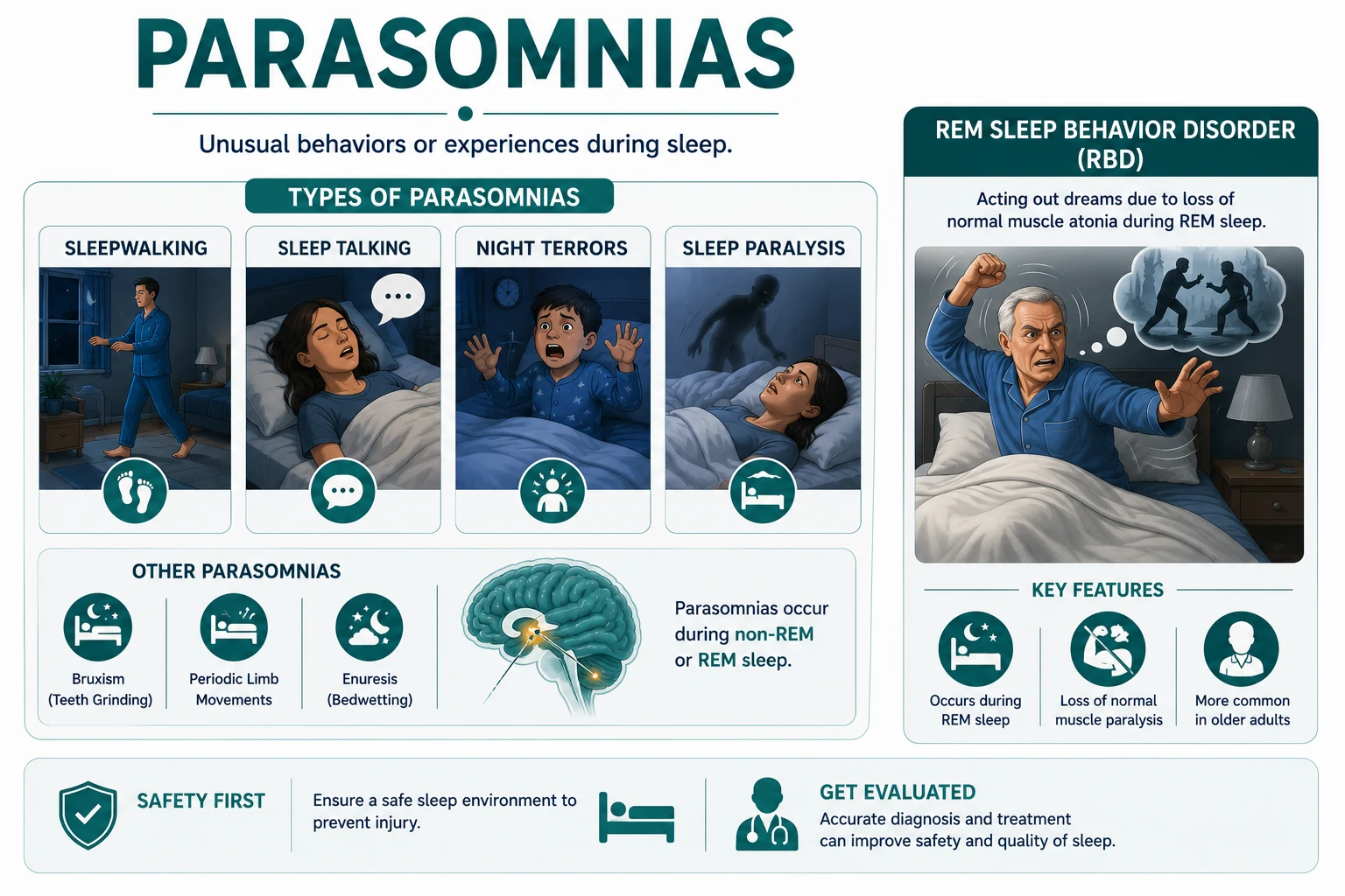 Parasomnias illustration showing sleepwalking, sleep talking, night terrors, sleep paralysis, and REM sleep behavior disorder with dream enactment during REM sleep.