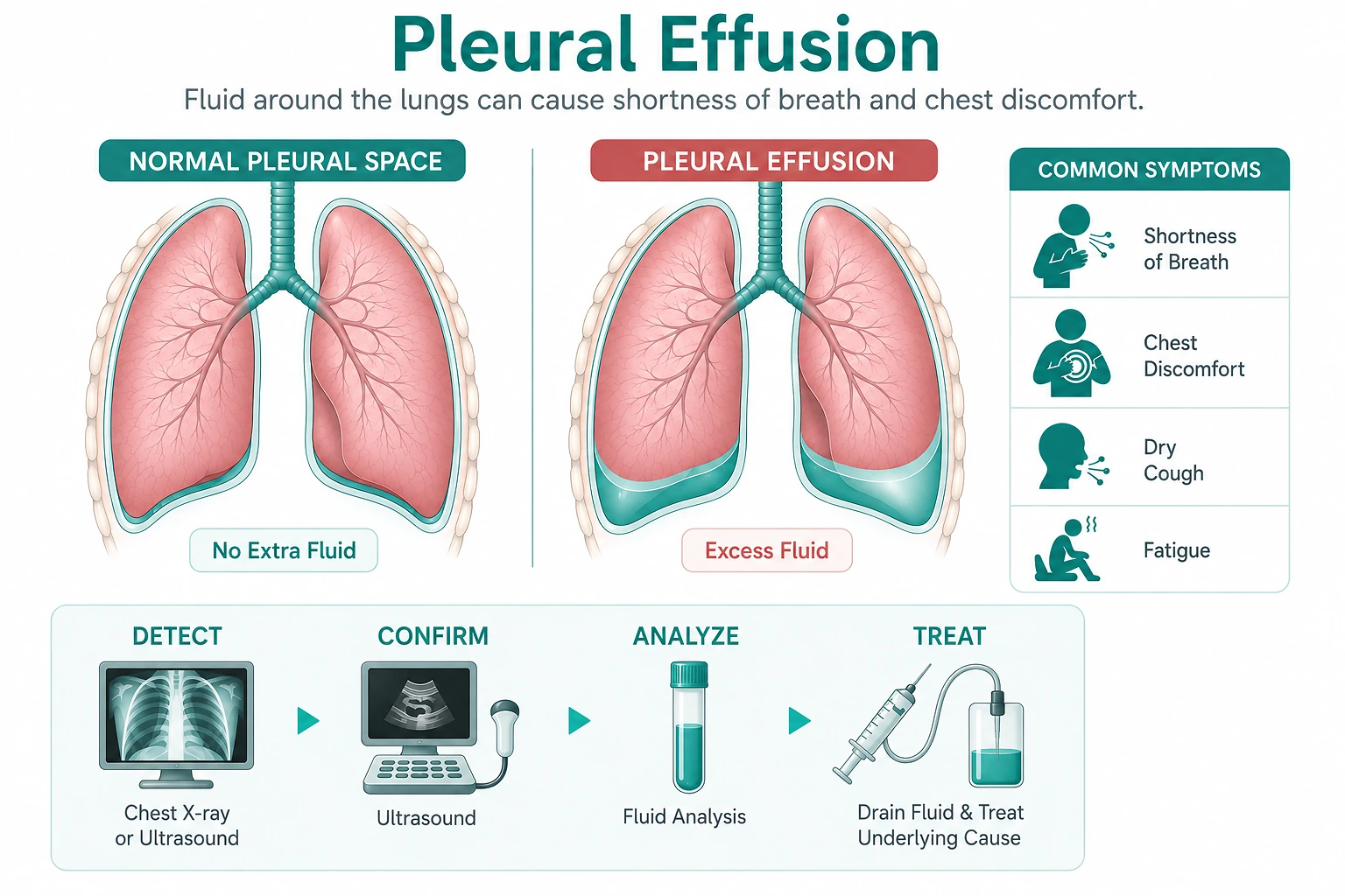 Medical illustration comparing a normal pleural space with pleural effusion, showing excess fluid collecting around the lung and a simplified evaluation pathway using imaging, fluid analysis, and drainage.