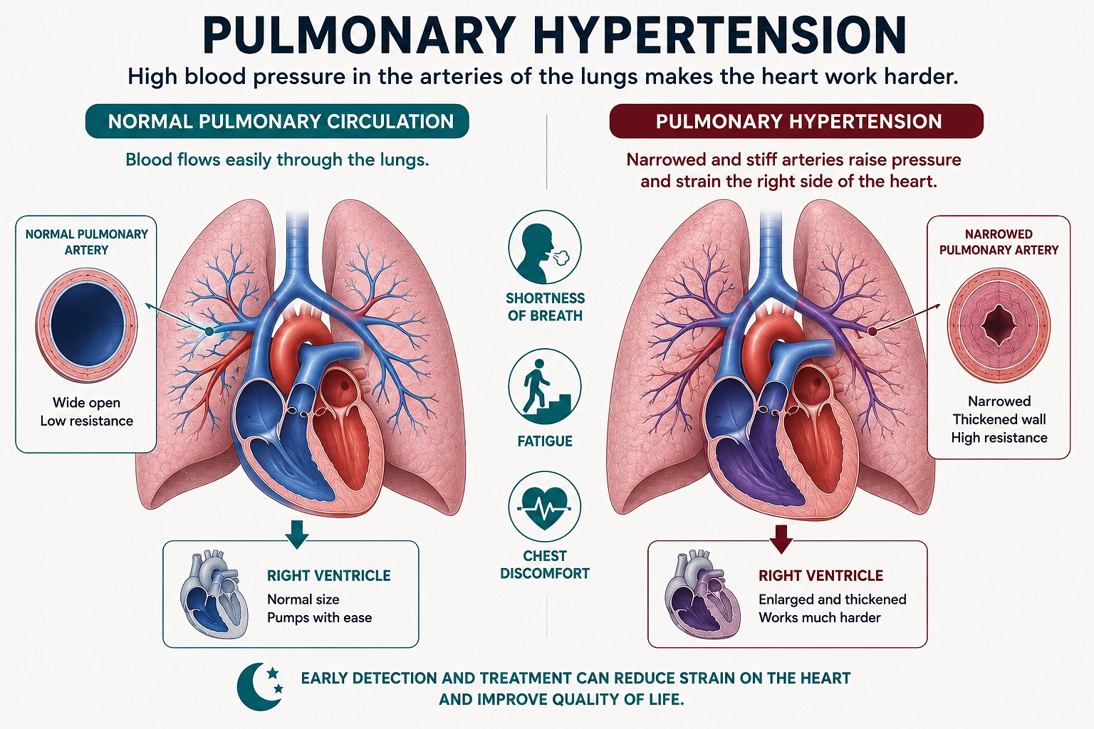 Medical illustration comparing normal pulmonary circulation with pulmonary hypertension, showing narrowing and thickening of the pulmonary arteries and increased strain on the right ventricle.