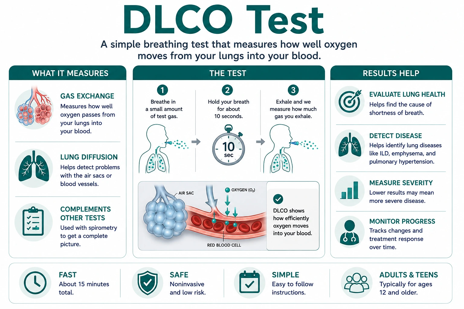 Medical illustration of a DLCO lung diffusion test showing a patient inhaling test gas, briefly holding their breath, and exhaling to measure gas transfer from the alveoli into the blood.