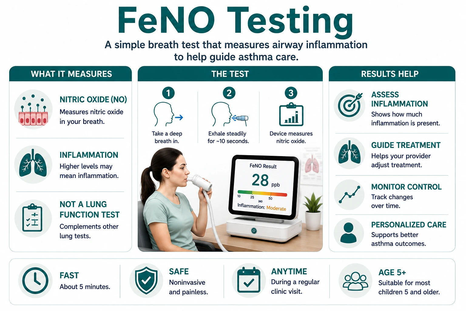 Medical illustration of FeNO testing showing a patient exhaling into a breath analyzer to measure fractional exhaled nitric oxide as a marker of airway inflammation in asthma.