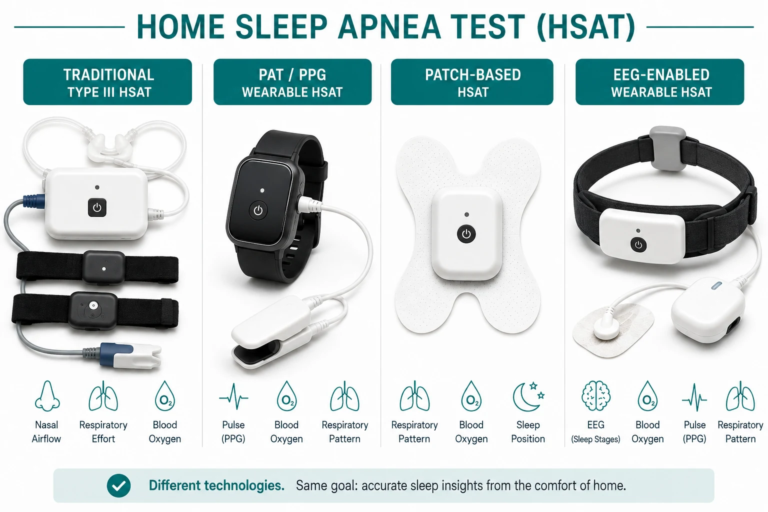 Four types of home sleep apnea tests: traditional Type III, PAT/PPG wearable, patch-based, and EEG-enabled wearable HSAT devices.