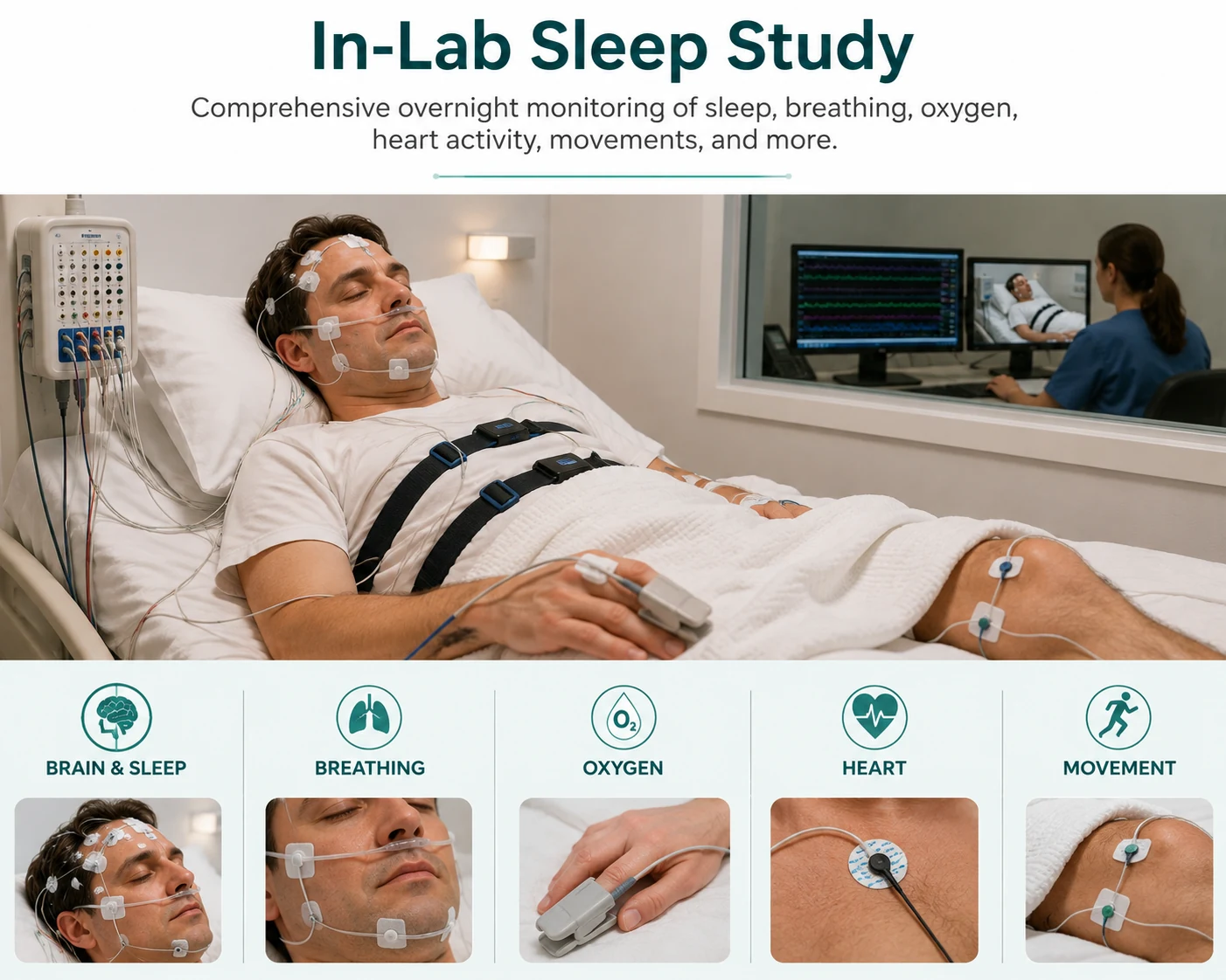 In-lab sleep study showing overnight polysomnography monitoring of brain activity, breathing, oxygen, heart activity, and movement.