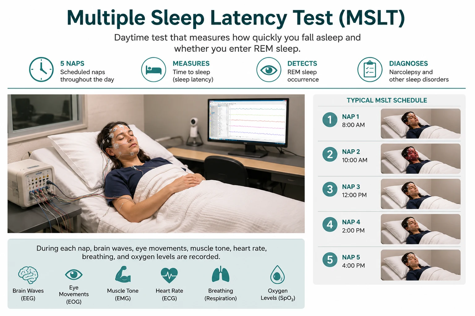 Multiple Sleep Latency Test illustration showing five scheduled daytime naps and monitoring of sleep latency and REM sleep.