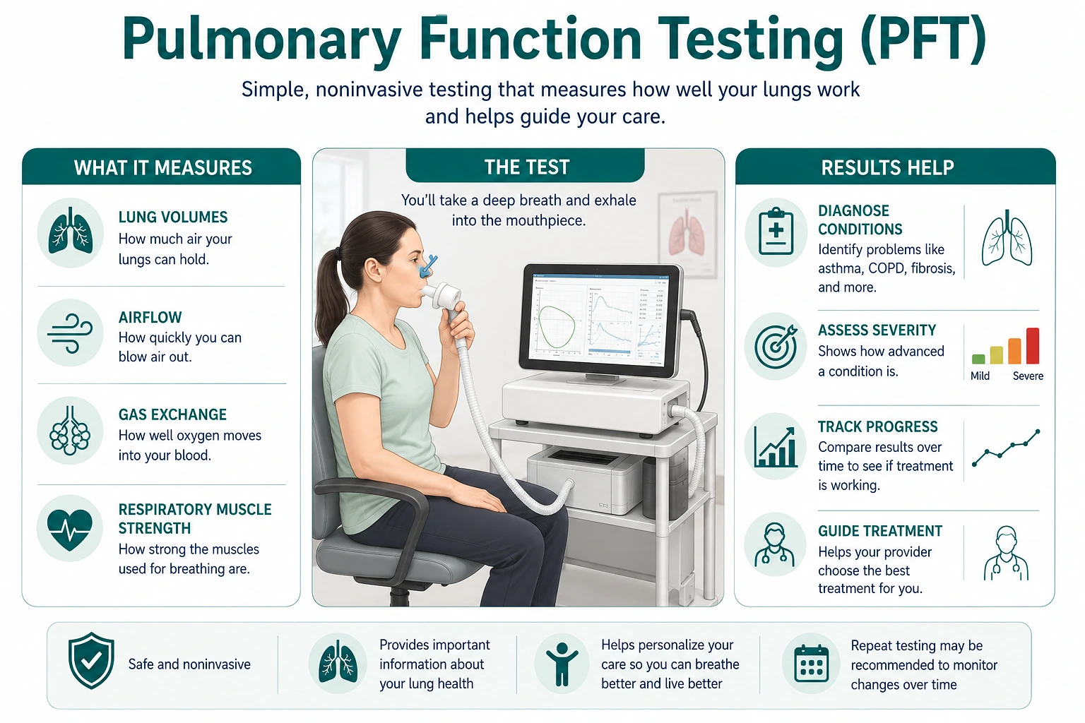 Medical illustration of pulmonary function testing showing a patient breathing into a mouthpiece and the major lung measurements assessed, including airflow, lung volumes, and gas exchange.