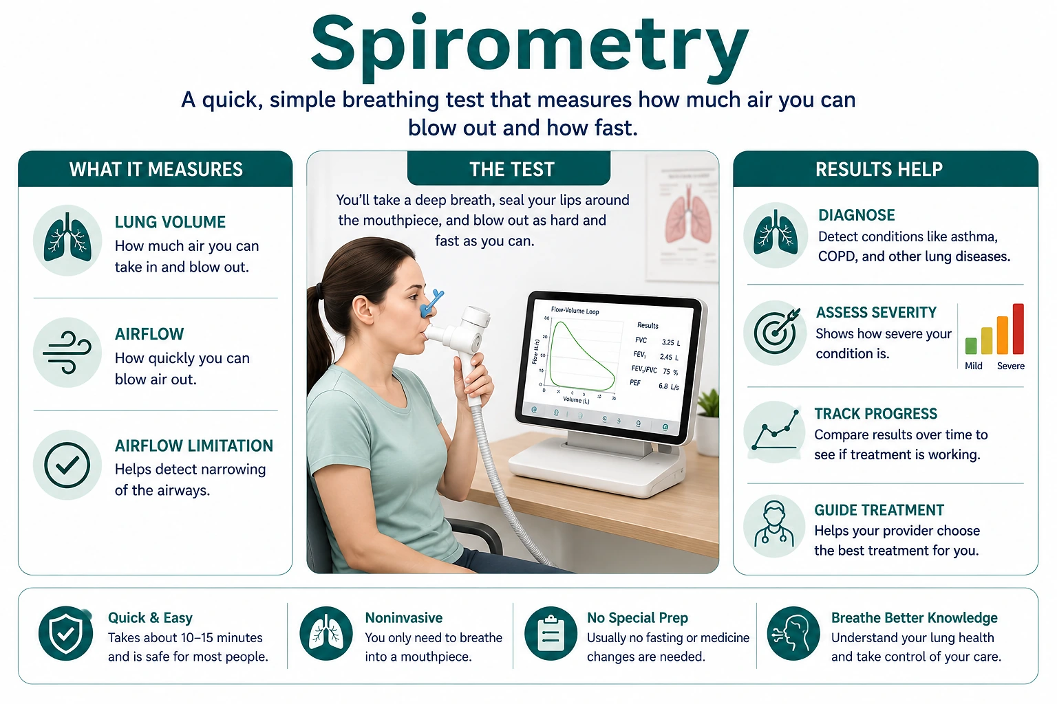 Medical illustration of spirometry showing a patient performing a forced breathing test into a mouthpiece with a flow-volume loop and measurements used to assess airflow and lung function.