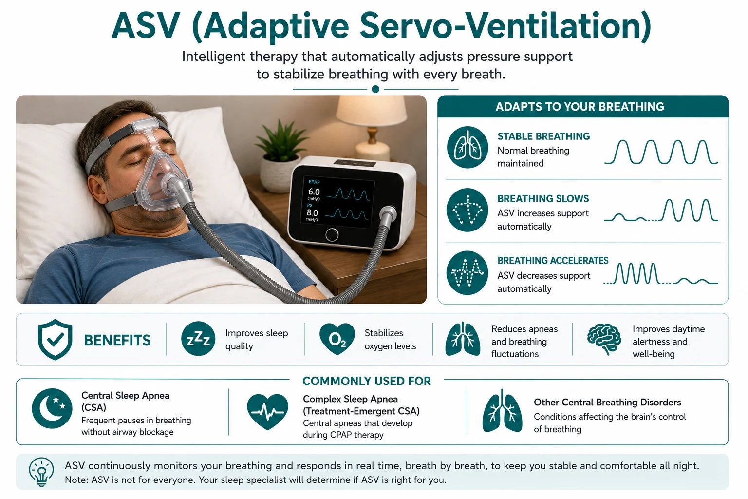 Adaptive servo-ventilation illustration showing breath-by-breath pressure support for central and treatment-emergent sleep apnea.