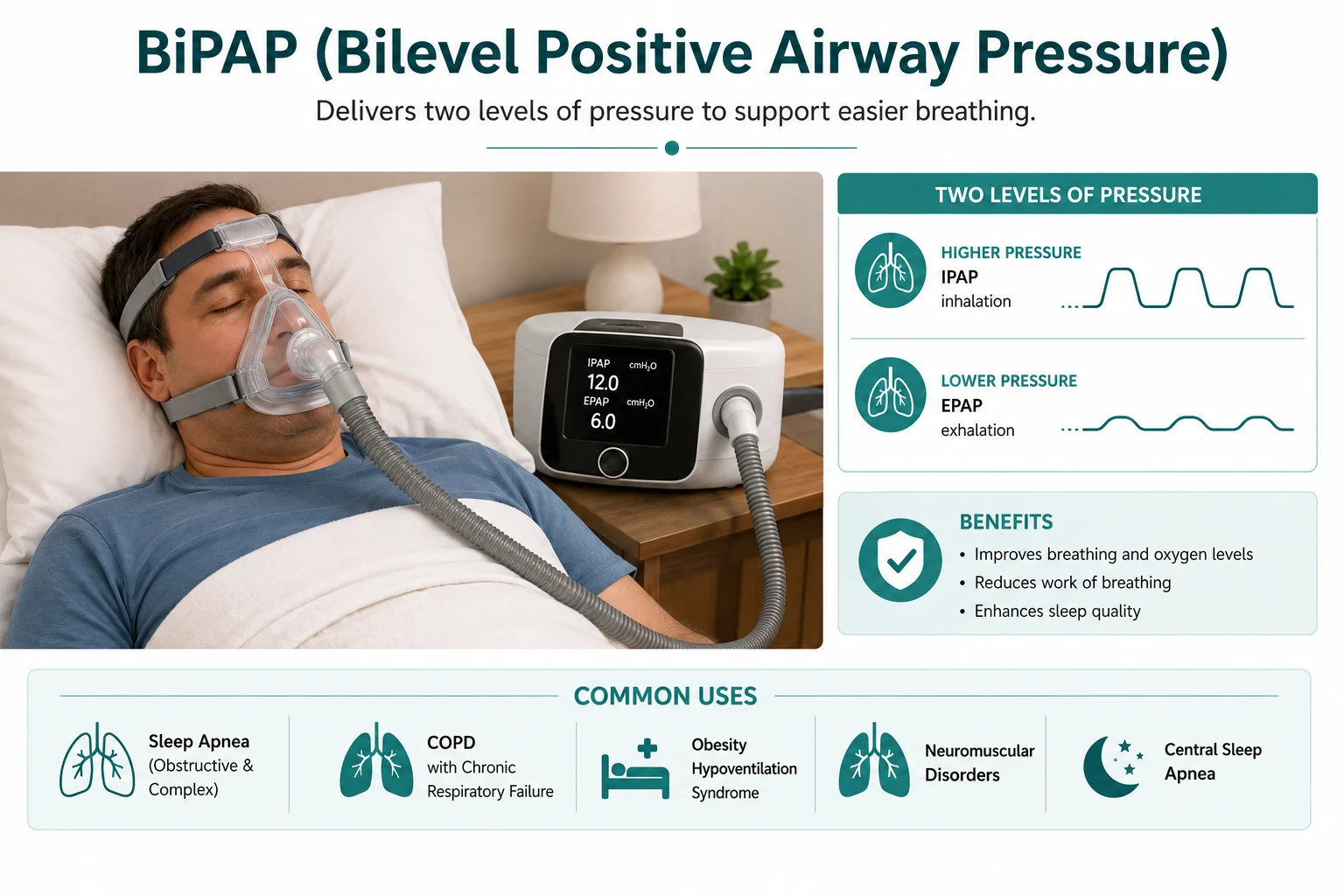 BiPAP illustration showing bilevel positive airway pressure with higher IPAP during inhalation and lower EPAP during exhalation.