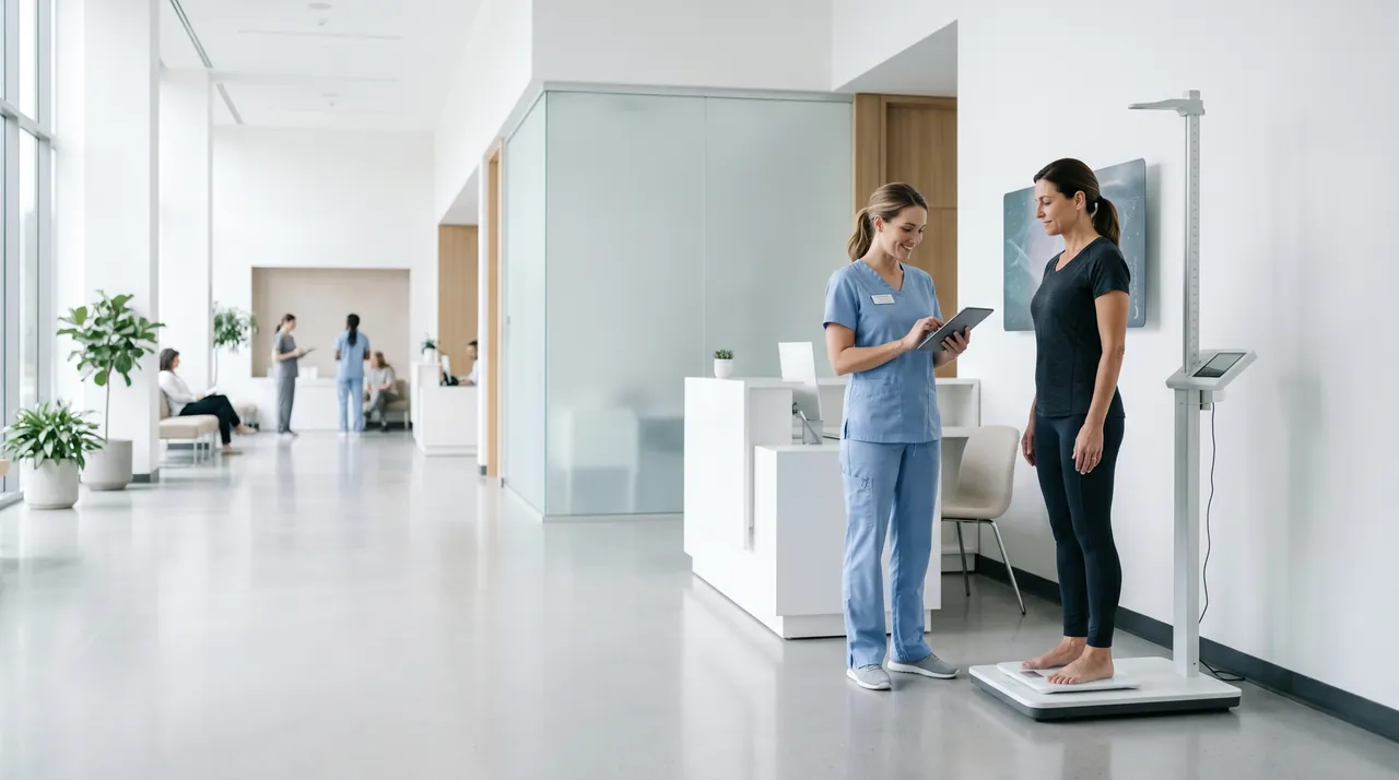 A clinician with a tablet recording a measurement as a patient stands on a body-composition scale in a bright clinic.