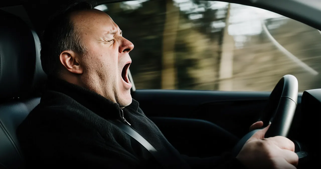 A man behind the wheel of a moving car, yawning heavily with his eyes closed.