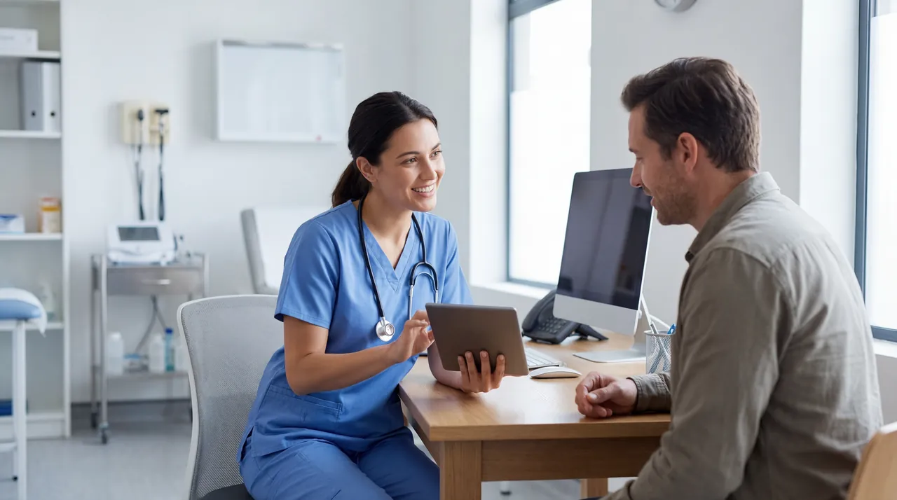A clinician and a patient reviewing results together on a tablet during a consultation.