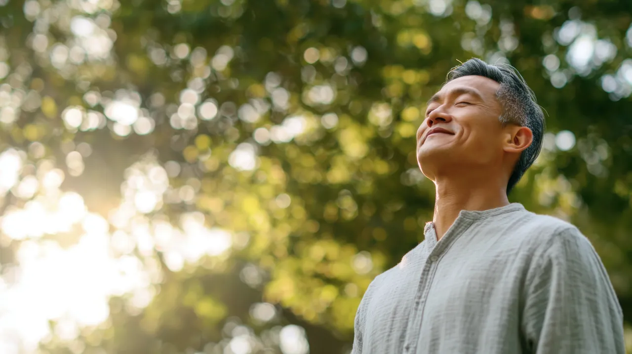 A man standing outdoors with his head tilted back, breathing deeply in the open air.