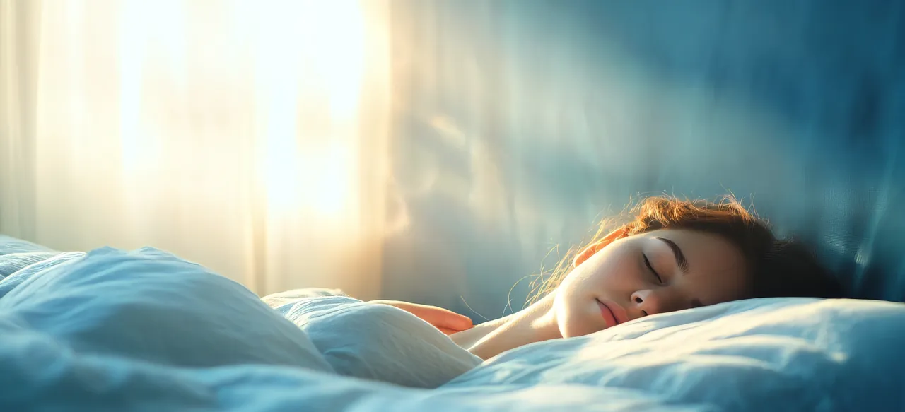 A woman sleeping peacefully in bed as early morning light comes through the curtain.